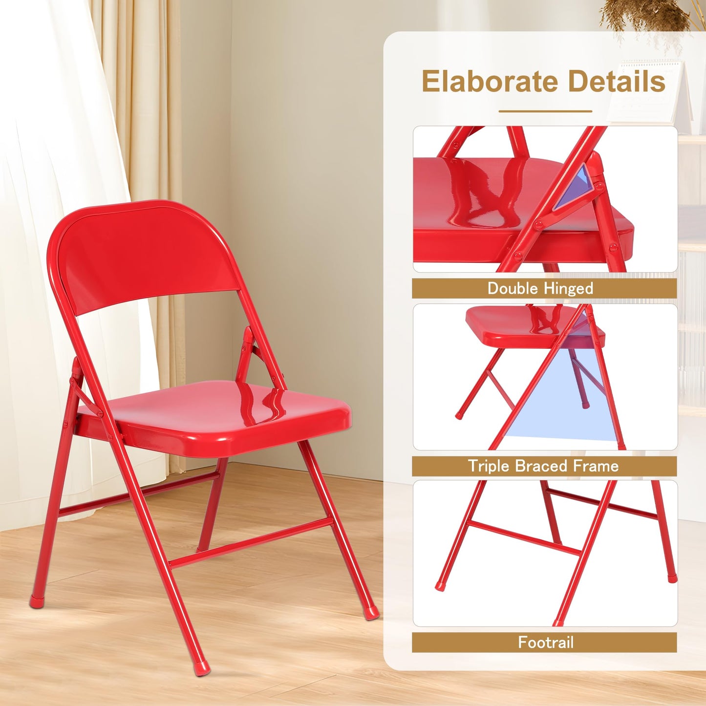 VECELO Metal Folding Chairs 4 Pack, Double Hinged Steel Frame Easy Foldable&Stackable for Office Kitchen Dinning Wedding Patio and Garden