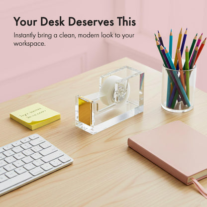 OfficeGoods Acrylic Tape Dispenser – Modern Desk Organizer for Office Supplies, Heavy Duty Refillable Tape Holder for Home and School Crafting, Stylish Desktop Accessory for Gift Wrapping, Gold