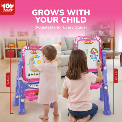 STEAM Life Art Easel for Kids, Double-Sided 4In1 Toddler Easel with Rotable Magnetic Chalkboard & White Drawing Board, Height Adjustable with Magnetic Letters & Numbers Gifts for Boys and Girls