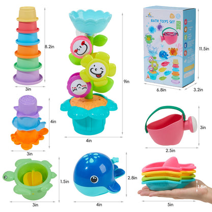 Bath Toys for Kids Ages 1-3 17PCS Fun and Easy-Grip Mold Free Baby and Toddler Bath Toys Set, Interactive Flower and Watering Can Bathtub Pool Water Table Toys for 1+ Year Old Boys Girls Gifts