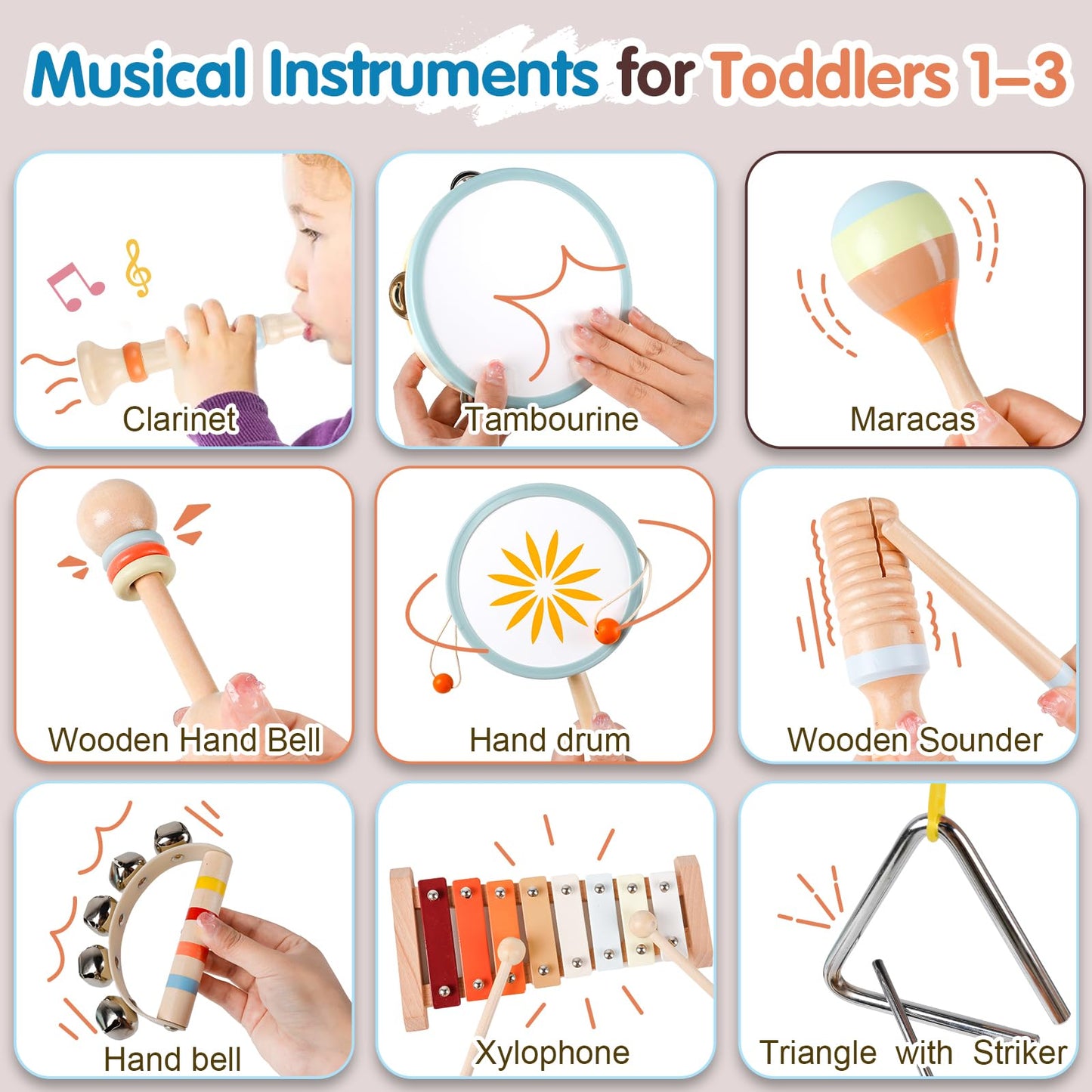 Wooden Toddler Musical Instruments Set, 9PCS Kids Montessori Toys, Baby Toys with Xylophone & Drum, Educational Gift for Ages 1, 2, 3 Year Olds