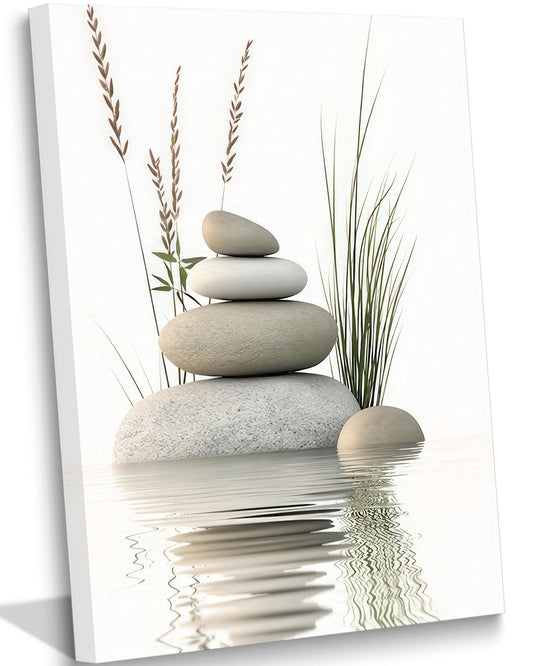 KBIERQN Zen Stone Canvas Wall Art Stacked Stones in Water Poster Print Tranquil Wild Grass Painting Picture for Spa Yoga Meditation Room Bathroom Wall Decor 16x24in Framed Ready to Hang