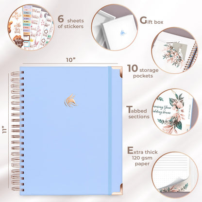 Clever Fox Wedding Planner – Notebook Organizer for Bride – Wedding Planning Binder Book with Pockets – Engagements Gift, 10x11″ (Light Blue)