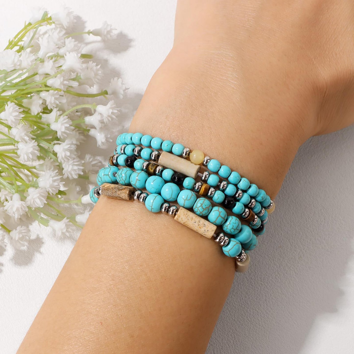 Lit Wall 5Pcs Lapis Lazuli Bracelet Set - Blue, Round, 4mm & 6mm, Adjustable, Stretch, No Metal, Unisex, 5 Count, Perfect for Occasions