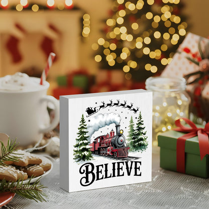 WIKERL Merry Christmas Wooden Box Sign Plaque, Santa Sleigh Decor Believe in Tree Wood Block Sign, Train Winter Holiday Decoration for Home Office Desk Table Shelf Wall