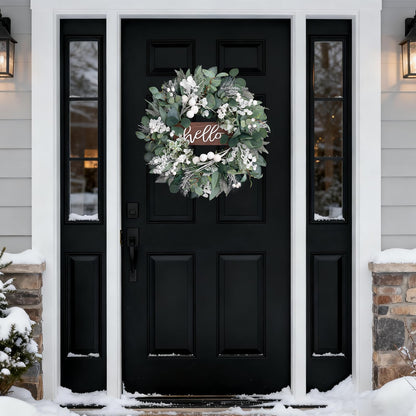 Winter Wreaths Front Door, Soomeir 24 Inch Winter Door Wreath with Snow Leaves, Pines Needles and Hello Wooden Sign for Home Window Mantle Indoor Outdoor Decor