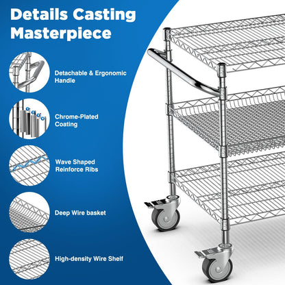Leteuke Heavy Duty Rolling Utility Cart, 45 Inch Kitchen Carts with Wheels, NSF Commercial Grade with Handle & Shelf Liners, 1120LBS Storage Cart for Kitchen,Restaurant,Plant Display-Chrome