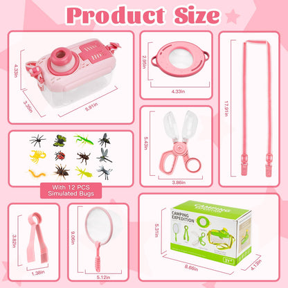 Funsland Bug Catcher Kit for Kids - 17 PCS Outdoor Explorer Kit Insect Catching Toys Nature Adventure Set for Boys 3 4 5 6 7 8 Year Old (Pink)