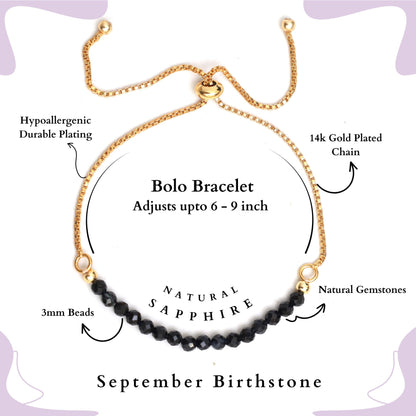Gempires Midnight Blue Sapphire Beaded Bracelet, Birthstone Bracelet, September Birthstone, Bolo Beads Bracelet, Gift for Her, 14k Gold Plated Chain (6-9inch Adjustable Length)