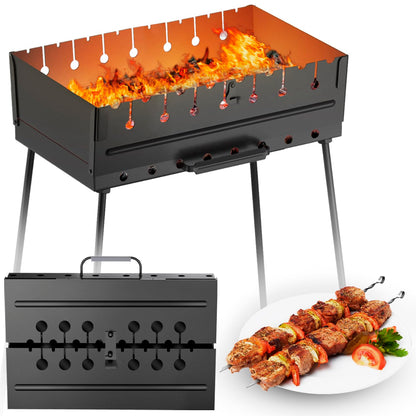 MHH Charcoal Grill for 8 Skewers - Portable Barbecue 16.9""×11.8""×16.9"" Kabob Camp Grills - Foldable Metal Mangal - Kebab Shish - BBQ for EDC Picnic Outdoor Cooking (Skewers Not Included)
