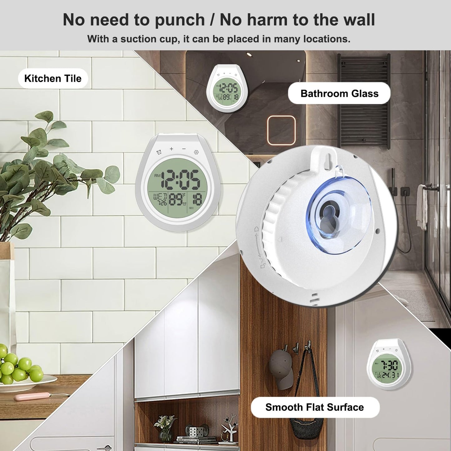 EternaHora Shower Clock Waterproof, Bathroom Clock with Temperature & Shower Timer, Small Digital Wall Clock Battery Operated with Suction Cup and Hanging Hole for Kitchen