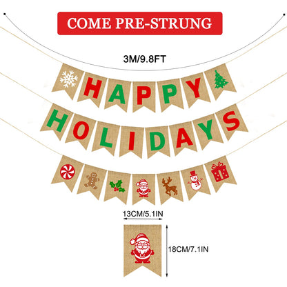 JKQ Happy Holidays Burlap Banner Jute Merry Christmas Bunting Banner with Snowflake Xmas Tree Santa Gingerbread Man Signs Winter Christmas Holiday Party Decorations for Mantle Fireplace Party Supplies