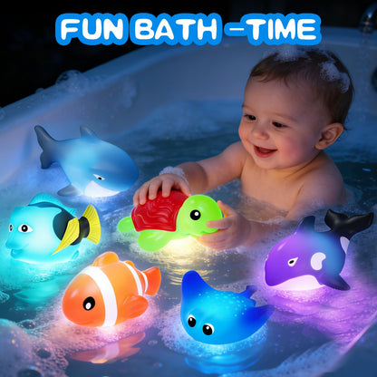 KODGEUSM Light Up Bath Toys,Mold Free No Hole Baby Bath Toys for Toddlers,Water-Activated Lights Flashes and Change Color Ocean Animal,Sensory Toys for Kids,Water Table,Bathtub,Shower,Pool