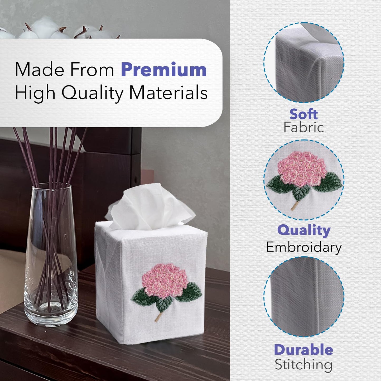 Jacaranda Living Square Tissue Box Cover, Linen/Cotton Fabric Tissue Holder, Decorative Cloth Tissue Cube Cover, Animal Designs Feathered Peacock, Turquoise, Pewter