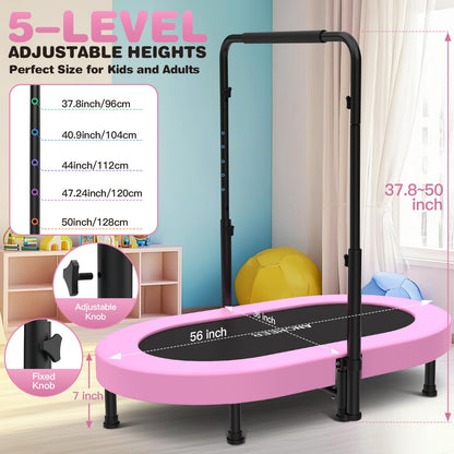 ANCHEER Trampoline, Mini Trampoline with Adjustable Handle - Indoor/Outdoor Rebounder for Kids & Toddlers, 56'' Safe Oval Fitness Trampoline with Bar for Home Fun