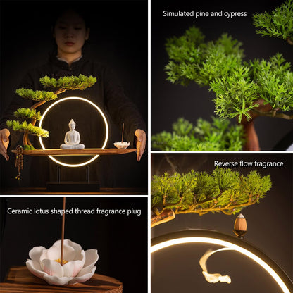 TXYXT Shakyamuni Buddha Ceramic Statue Indoor Backflow Incense Burner with Led Ring Light，Meditation Decoration for Home and Office, Suitable for Cone and Stick Incense