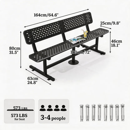 DWVO Heavy Duty Park Bench for Outside 6ft Metal with Backrest Weatherproof Coated Steel Commercial Grade Furniture Set Industrial Mesh Design for Garden Patio Public Areas