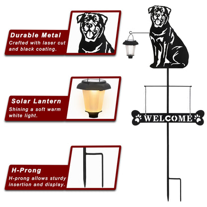BAYN Solar Rottweiler Silhouette Dog Breed Welcome Sign with a Lantern Outdoor Decorative Garden Stakes for Yard, Lawn, Patio, Pathway