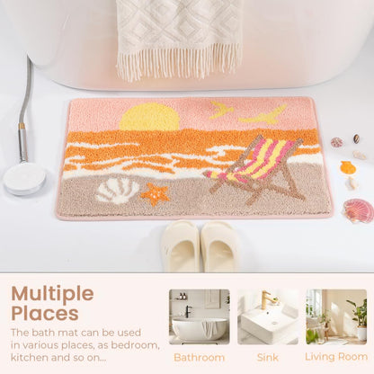 Cute Beach Bath Rug Super Absorbent Non Slip Modern Bathroom Mat Machine Washable Fluffy Carpet for Tub, Shower and Bedroom (Pink Beach, 23"x16")