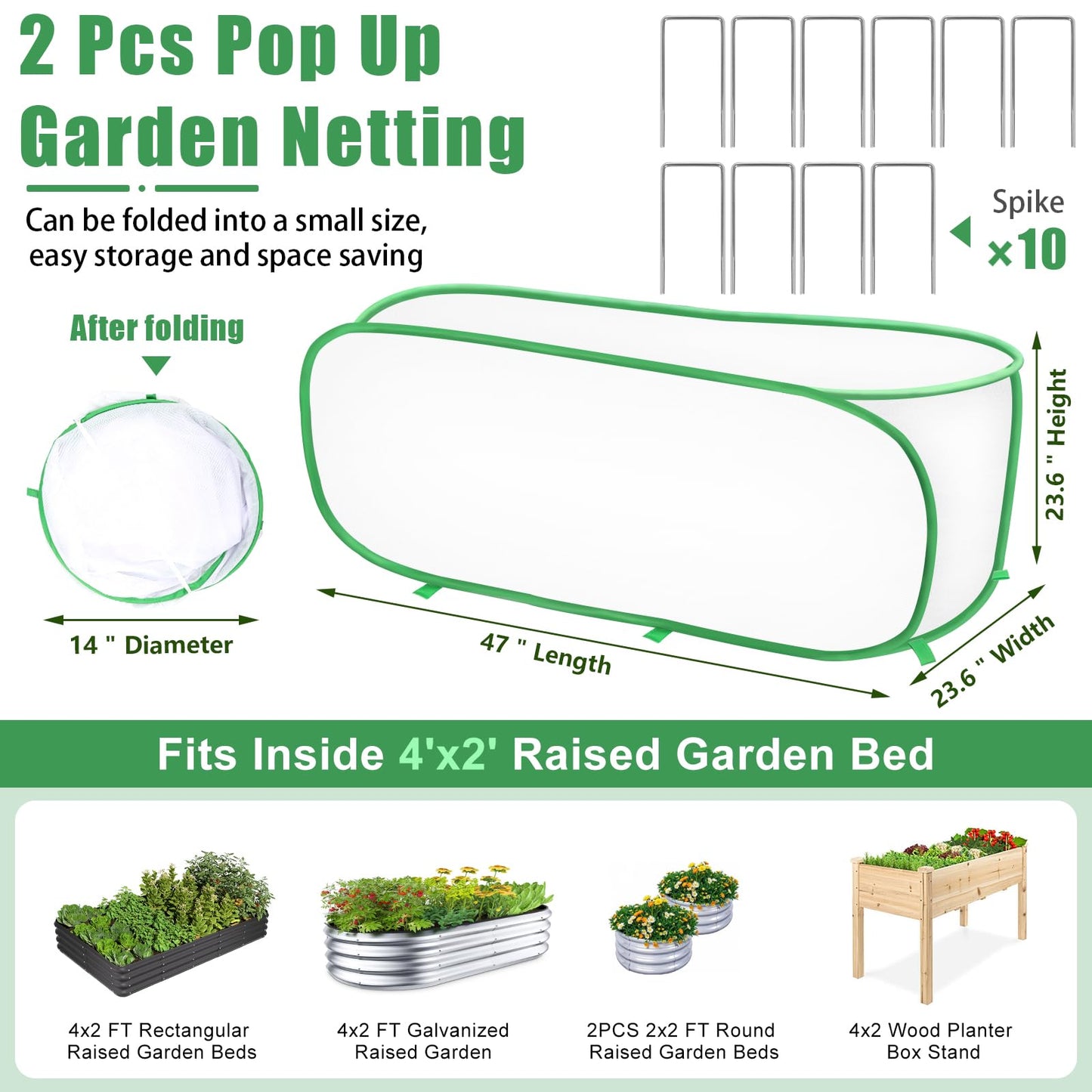 2PCS Garden Netting Covers for Raised Beds, 3.9 X 2FT Garden Raised Bed Cover with 10 Stakes, Plant Netting for Garden Protection, Insect Bird Pest Barrier for Vegetables Fruits Flowers Crops
