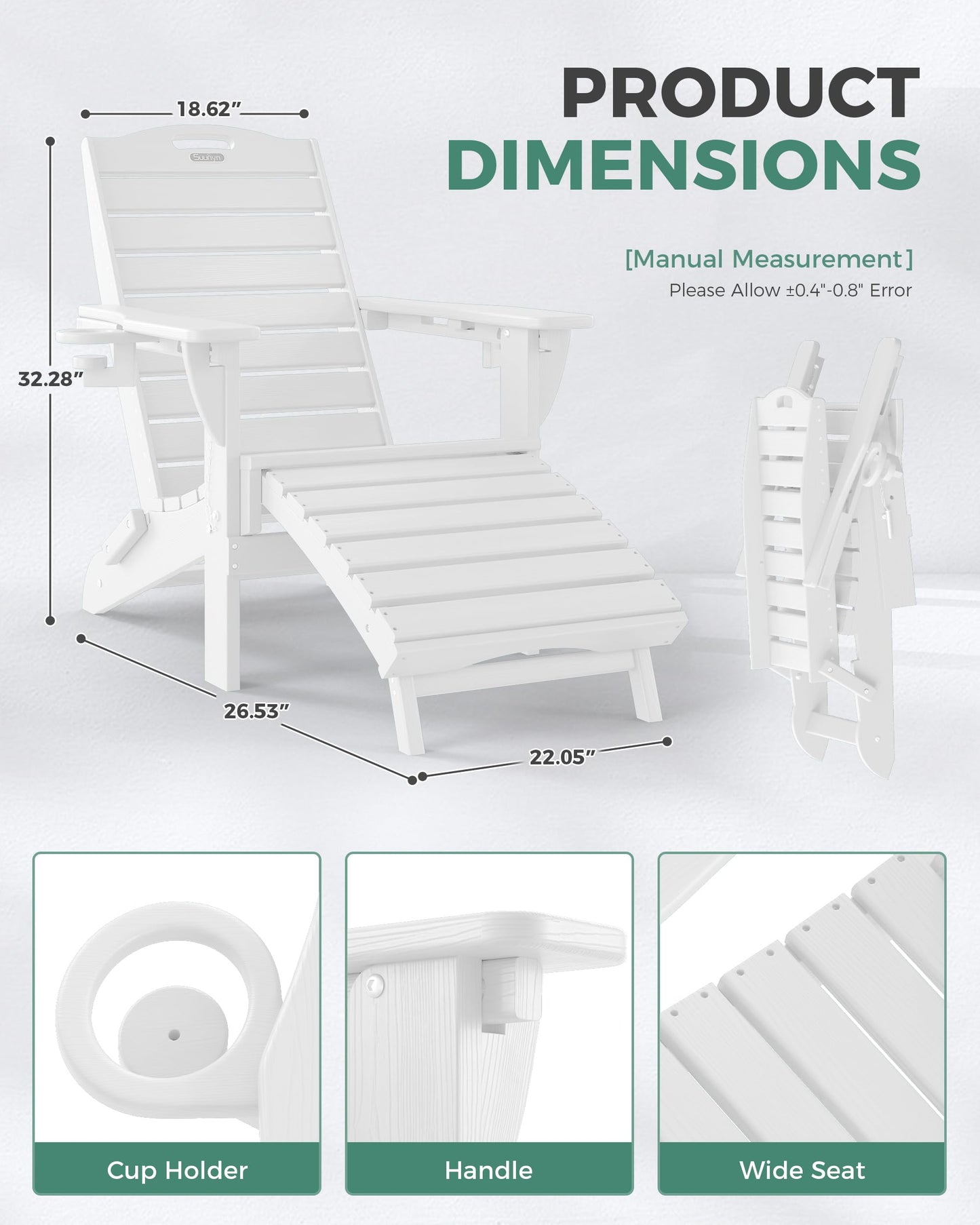 SUUNYN Folding Adirondack Chair with Retractable Ottoman, Weather Resistant Fire Pit Chair Patio Chair with 2 Cup Holder Lawn Outdoor Lounge Chair (White)