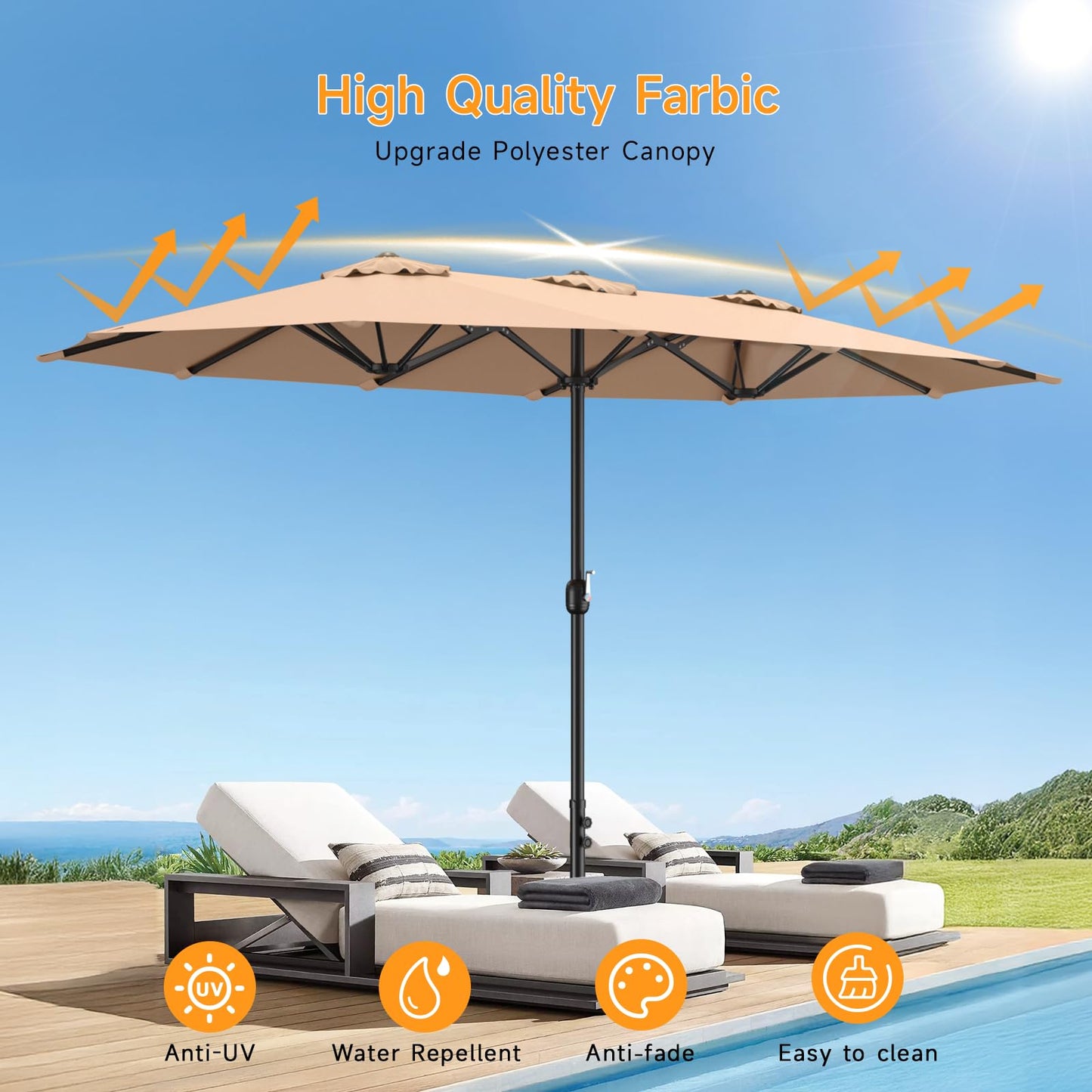 ONBRILL 15ft Patio Umbrella with Base Included, Extra Large Shade Area, Double Sided Rectangle with Crank Handle for Poolside, Garden, Yard, Beige