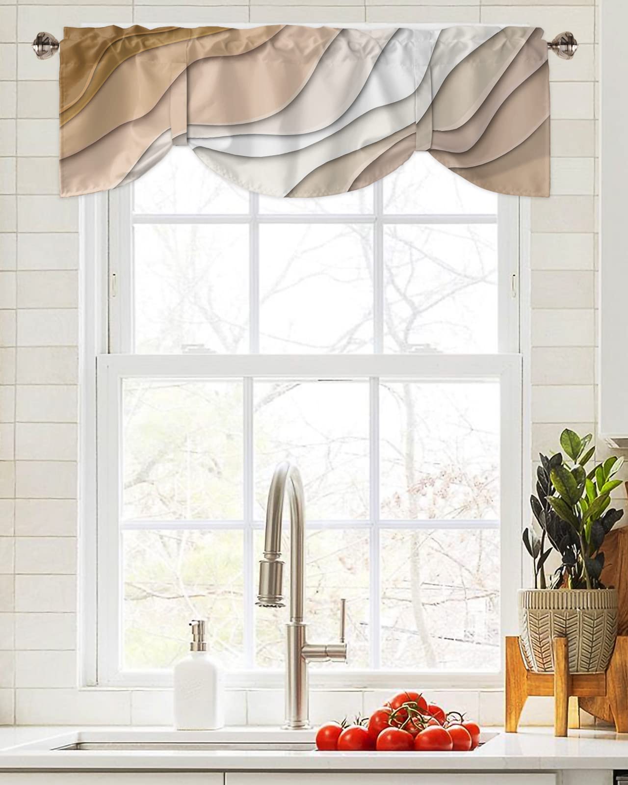 Brown Ombre Tie Up Valance Curtain for Kithchen Windows Brown and White Gradient Modern Abstract Geometric Adjustable Ties Valance Tier Curtain Rod Pocket Valances for Bedroom/Living Room, 54x18in