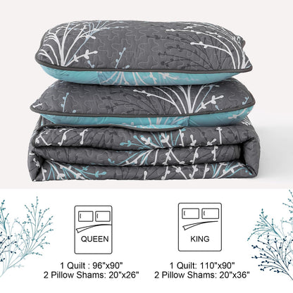 DJY Full Size Quilt Set Grey Blue Reversible Bedspread Coverlet Set 3 Piece, Branch Floral Lightweight Microfiber Botanical Quilted Bedding Set with Pillowcases for All Season (78''x90'')