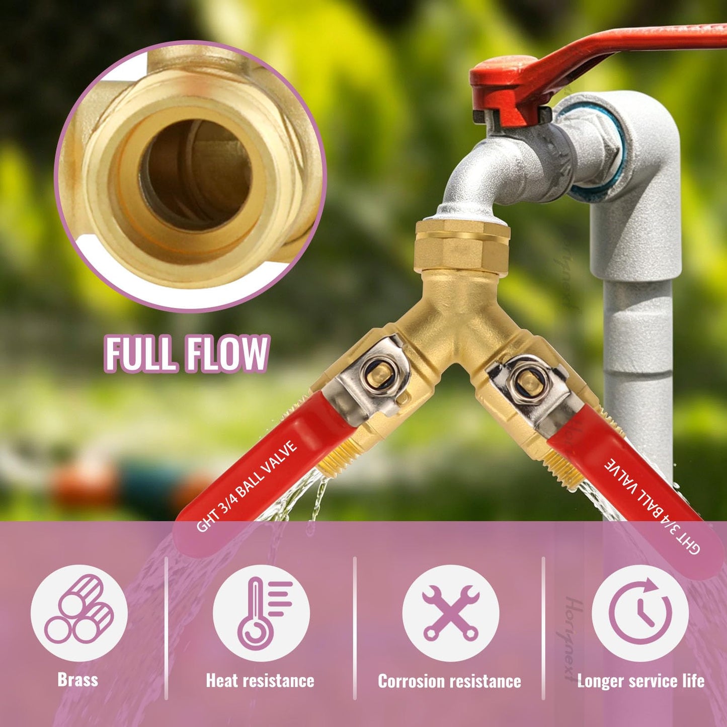Horiznext GHT 3/4 full flow garden hose splitter, brass hose splitter 2 way heavy duty, y valve hose splitter with shutoff, outdoor water spigot splitter hose connector (1 pc)