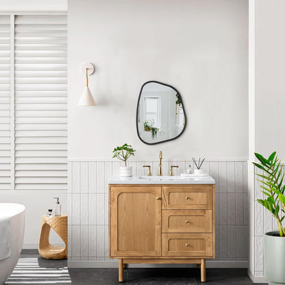 HLFMVWE Asymmetrical Mirror for Wall Irregular Oval Wood Frame Modern Unique Accent Wall Mirror Decorative Vanity Bathroom Living Room Bedroom Entryway Hallway Artistic Wavy Mirror Small 14"x10"