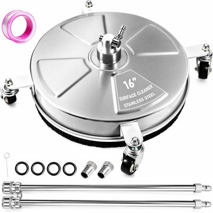 Hourleey 16" Pressure Washer Surface Cleaner, Stainless Steel Surface Cleaner with 4 Wheels for Concrete, Patio, Sidewalk, Deck, Pathway 1/4" Quick Connector, 2 Extension Wand, 4000 PSI