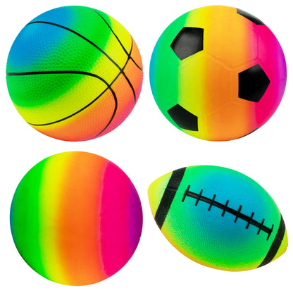 Homotte Rainbow Sports Balls Pack of 4, 8.5" Football Basketball Soccer Volleyball Set with Pump, Inflatable Multi-Sports Ball Set, Outdoor Playground Toys for Kids, Bulk Available
