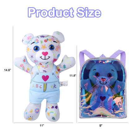 DRAWMYTOY DIY Coloring Plush Toy with Washable Markers, Scribble Pets Stuffed Animal, Doodle Dolls Art Toy for Boys and Girls Ages 3-8, Birthday Gift (Blue Bear Set)