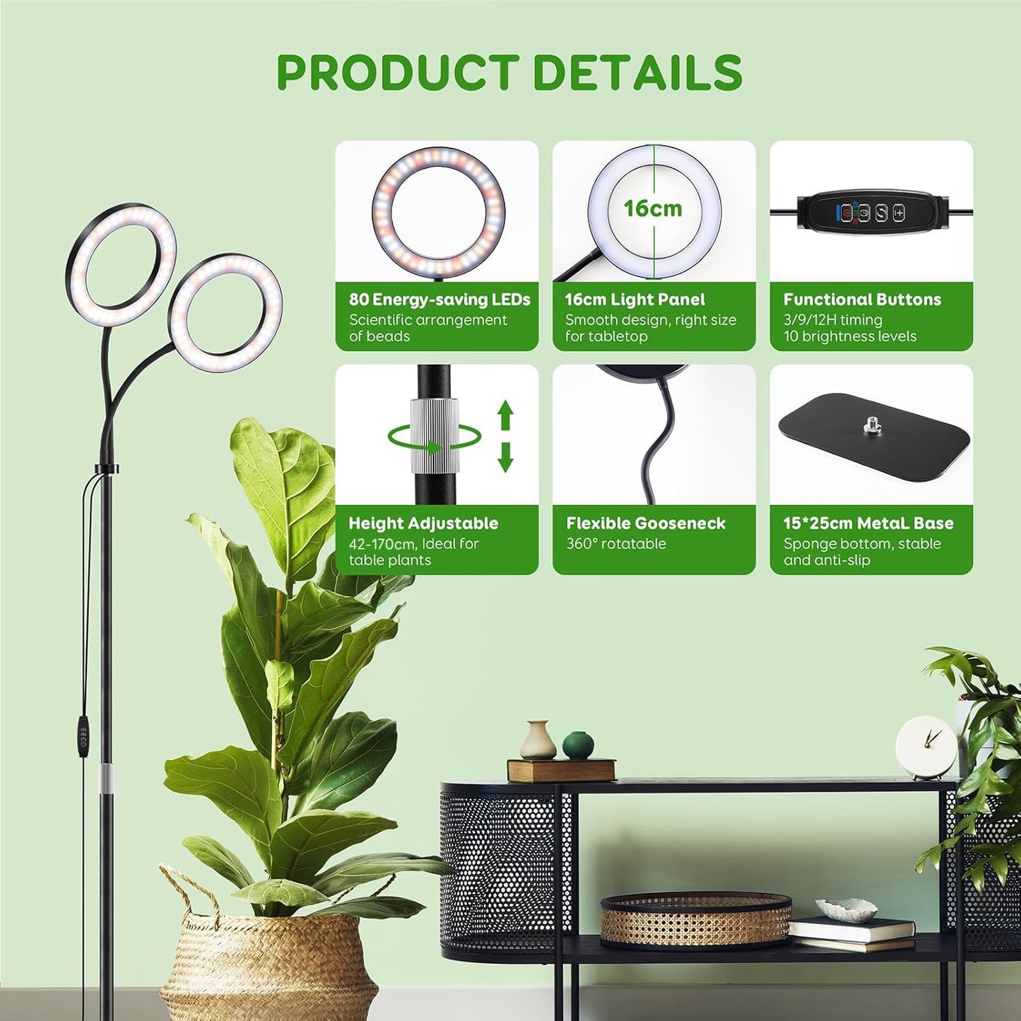 LPMZMBL Dual Head Grow Light for Indoor Plants Full Spectrum Plant Light with 16.5"-68" for Growing Large Tall Plants Equipment with 3/9/12-hour Automatic Timers 3 Light Modes 10 Dimmable Levels