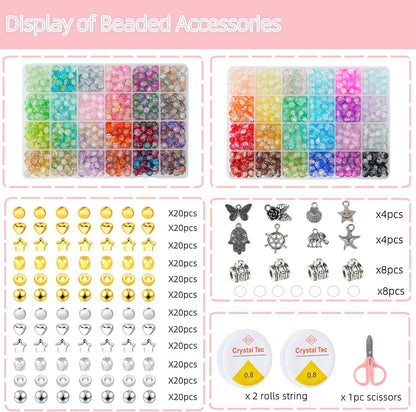 REVKI 1300PCS 8mm Mixed Crackle Glass Beads for Bracelets Making with Accessories, 48 Colors Crystal Glass Beads Jewelry Making Kit, Round Beads for DIY Bracelet Crafts