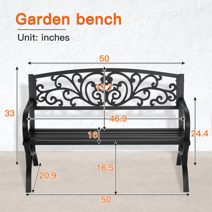 Patio Garden Bench 50 inch Outdoor Metal Loveseat Chairs with Armrests Slatted Seat and w/Floral Design Backrest for Park, Yard, Porch, Lawn, Balcony, Backyard, Black