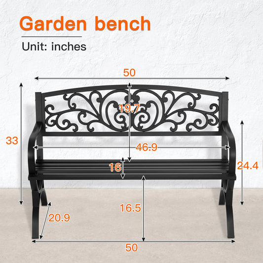 Patio Garden Bench 50 inch Outdoor Metal Loveseat Chairs with Armrests Slatted Seat and w/Floral Design Backrest for Park, Yard, Porch, Lawn, Balcony, Backyard, Black