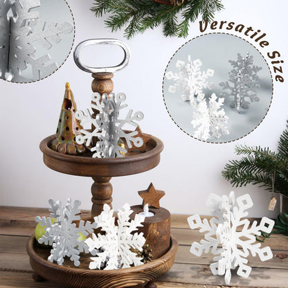 OuMuaMua Winter Christmas Centerpiece Table Decorations - 12pcs Wooden Snowflakes Decor 3D Silver White Snowflake Tabletop Decor for Xmas Holiday Tiered Tray Winter Farmhouse Decor