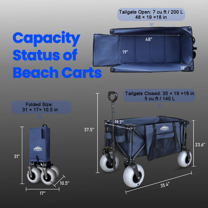 OTIATrail Beach Wagon for Sand with Big All-Terrain 9*4" Balloon Wheels, 200L Large Capacity 330lbs Heavy Duty Beach Carts, Collapsible Utility Wagon with Extended Tailgate for Beach Camping Outdoors