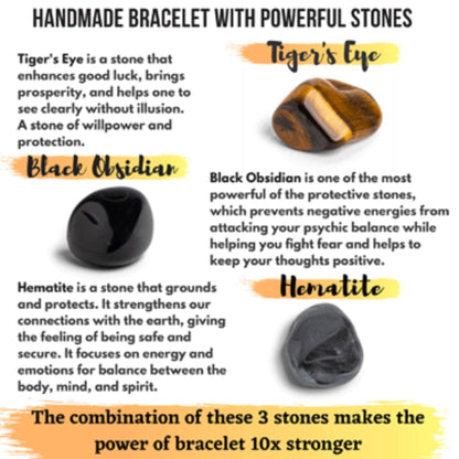 Triple Protection Bracelet for Men Women | Black Tourmaline Obsidian Hematite 8mm Beaded Bracelet | Anxiety Relief Chakra Healing Gemstone Crystal Gift