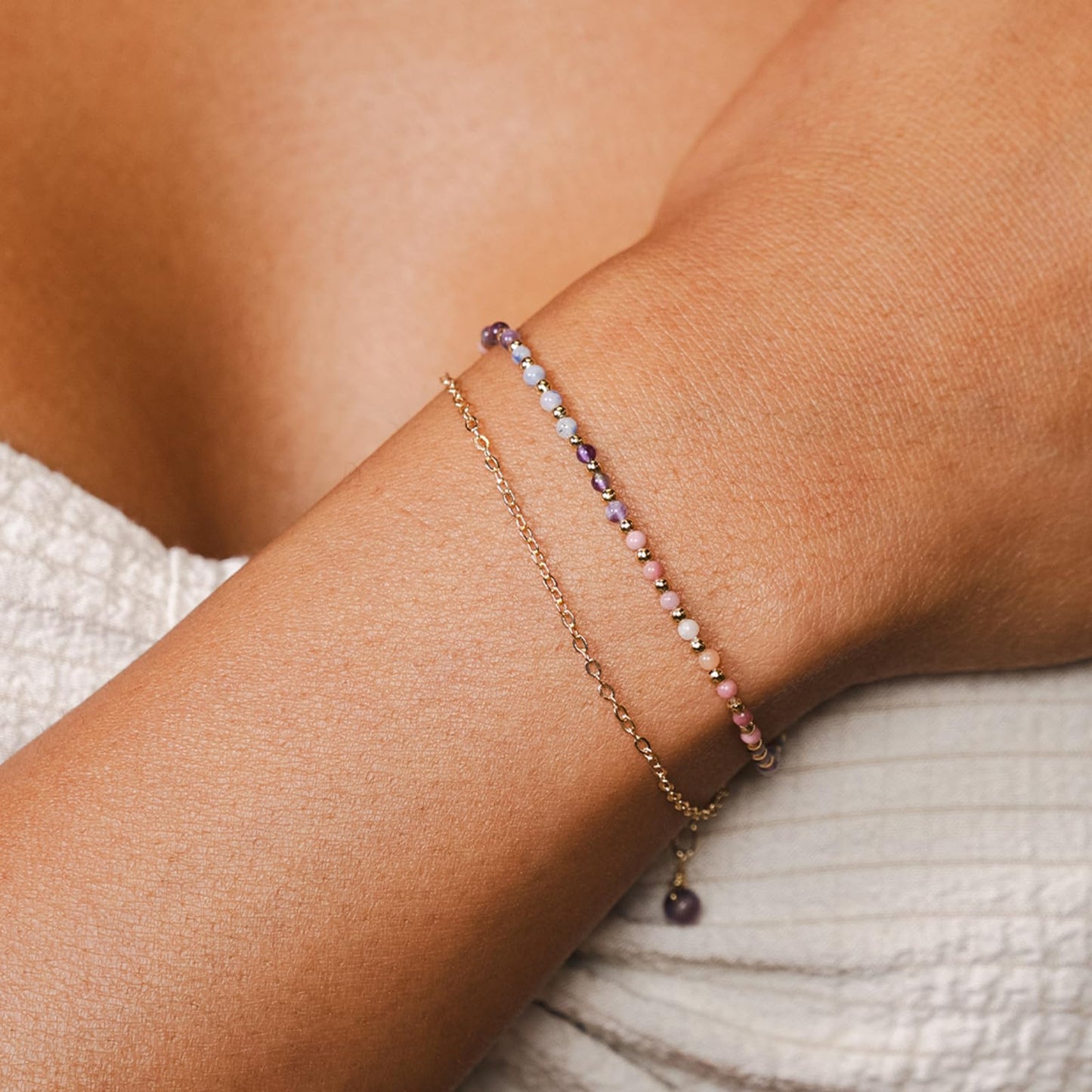 Lotus and Luna Energy Healer Beaded Healing 2mm Layered Bracelet in Gold with Real Stones Amethst, Sodalite, Rhodolite, Pink Aventurine (Energy Healer Yellow Gold)