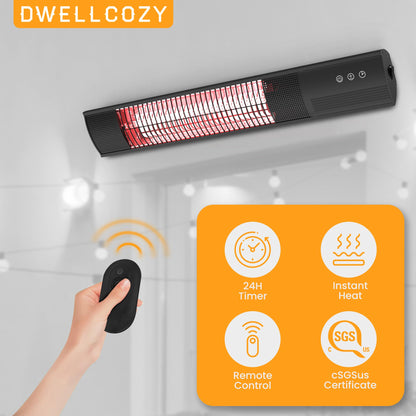 DWELLCOZY Heating Wall-Mounted Outdoor Heaters for Patio, Indoor/Outdoor Hanging Electric Patio Heater 1500W 3 Heat Modes with Remote, Infrared Outdoor Heater IP55 Resistant, 24H Timer, Black