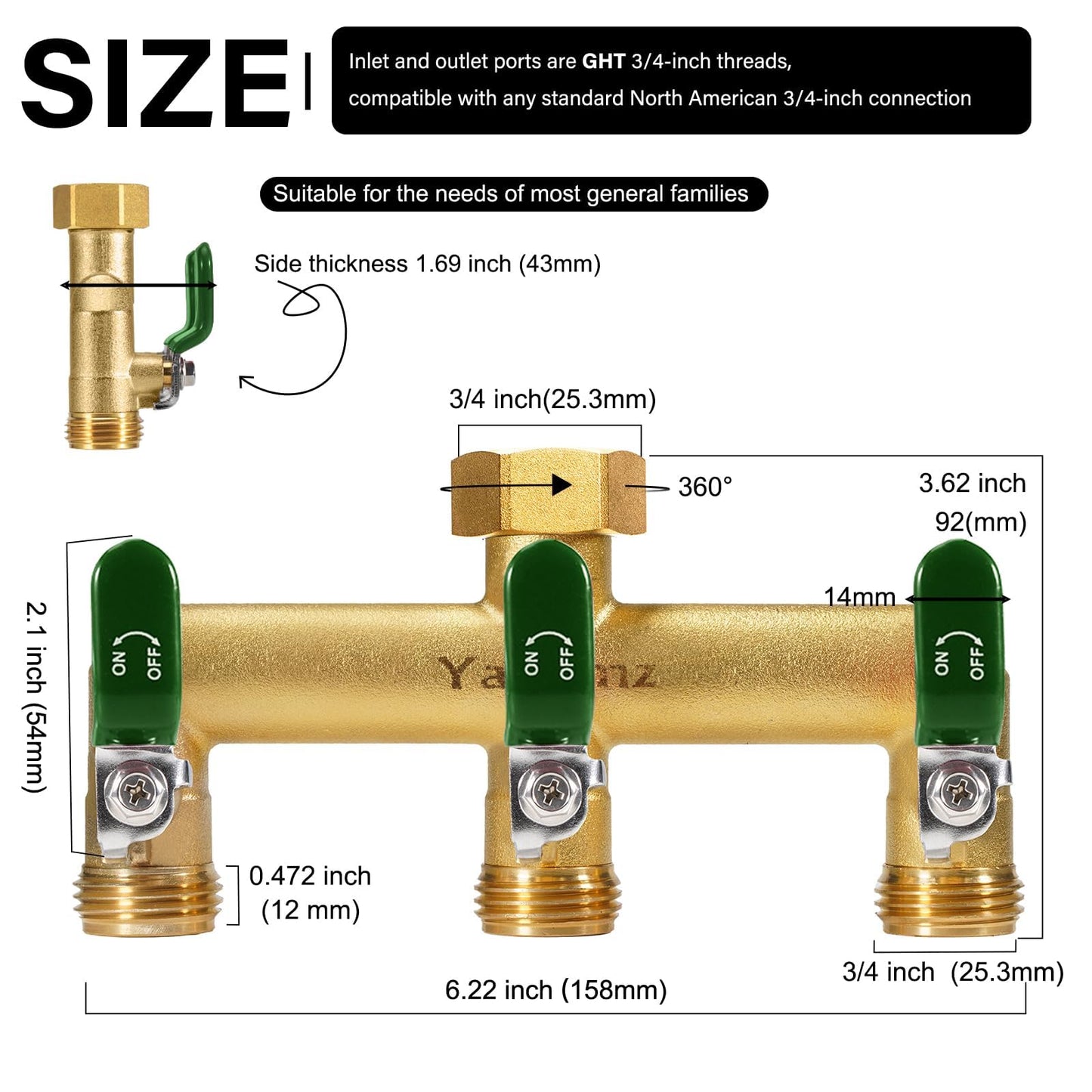 Yayamz Garden Hose Splitter, 3/4” Rust and Freeze Resistant Outdoor Hose Manifold with 3 green Extra Long Handles Faucet Adapter-Heavy Duty Brass 3-Way Valve