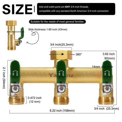 Yayamz Garden Hose Splitter, 3/4” Rust and Freeze Resistant Outdoor Hose Manifold with 3 green Extra Long Handles Faucet Adapter-Heavy Duty Brass 3-Way Valve