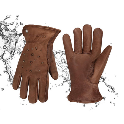 OLSON DEEPAK Waterproof Leather Work Gloves for Men&Women,Brown Cowhide Thornproof Garden work Gloves,Water Resistant windproof Gloves,Medium