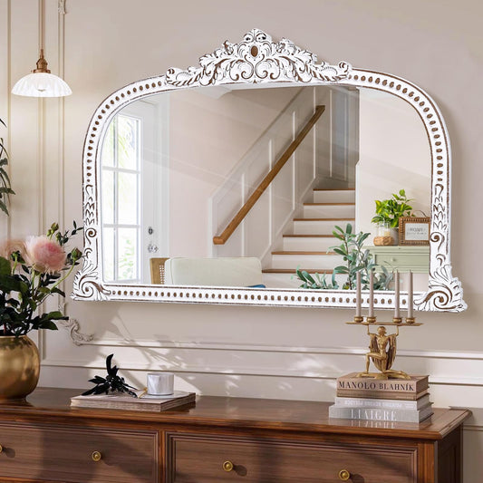 Wooden Mirror for Wall Bathroom Mirrors, Decorative Mirror with Beads Boho Accent Mirrors for Entryway, Fireplace, Living Room, Hallway, Bathroom - 24x36 Inch Baroque