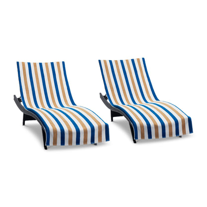 Arkwright Cabo Chaise Lounge Cover Towel with Pocket - Pack of 2 - Striped 100% Cotton Cabana Cover for Beach Pool Outdoor Chairs, 30 x 85 in, Royal Blue/Café Ole