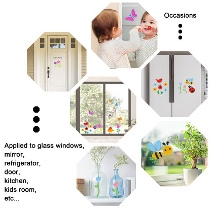 Whaline 7 Sheets Spring Window Gel Clings Flowers Butterflies Bee Beetle Bird Double Side Window Jelly Stickers Decals Decorations for Refrigerators Bedroom Home Office School Holiday Party Gift