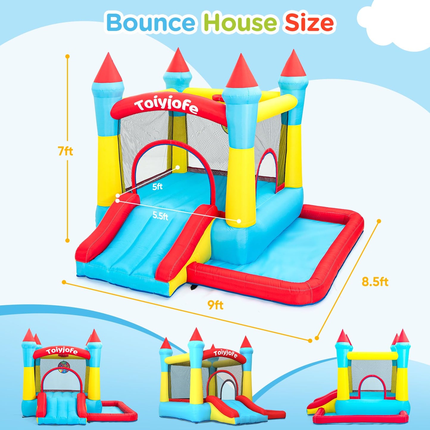 Bounce House for Kids 3-6, with Slide & Ball Pit & Hoop, 5-in-1 Small Indoor Outdoor Inflatable Bouncy Castle, Toddler Jump House for Backyard Family Home Birthday Party, Includes 370W Blower