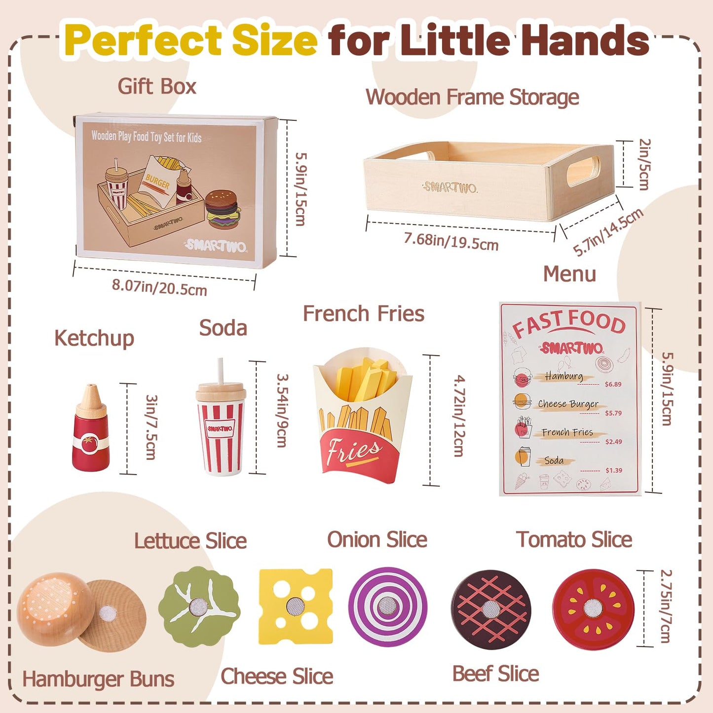Smartwo Wooden Play Food for Kids Pretend Hamburger Set Fast Food Toy Play Kitchen Accessories for Toddlers Toy Food Gift for Boys Girls Educational Toys